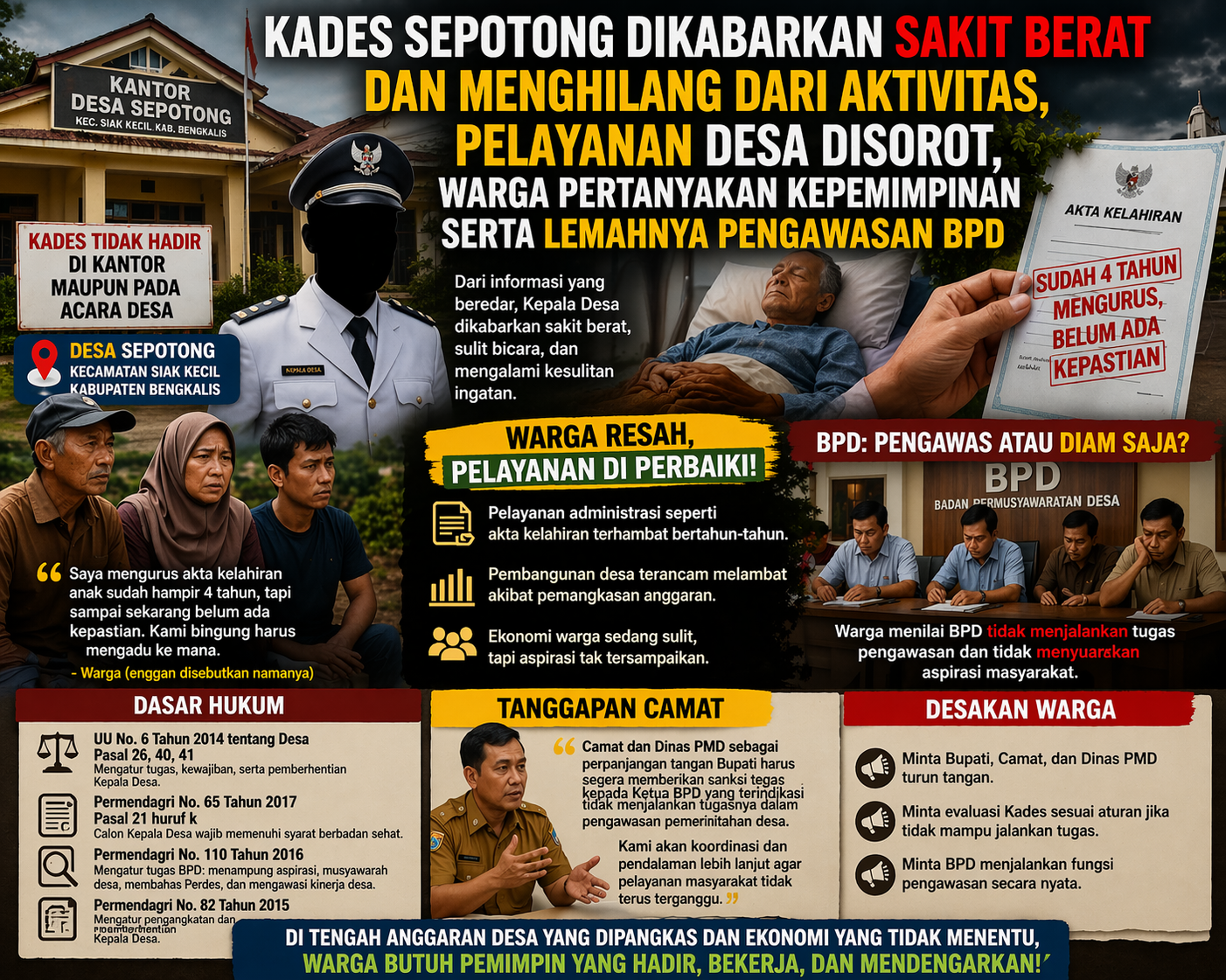 Kades Sepotong Dikabarkan Sakit Berat, Menghilang dari Aktivitas, Warga Soroti Lumpuhnya Pelayanan dan Lemahnya Pengawasan BPD