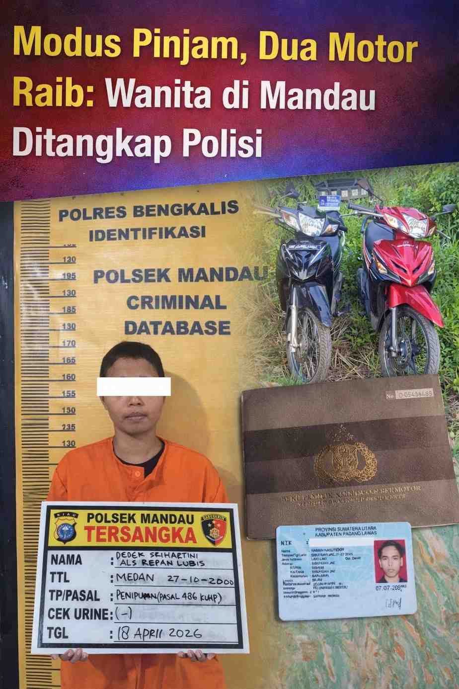 Modus Pinjam, Dua Motor Raib: Wanita di Mandau Ditangkap Polisi