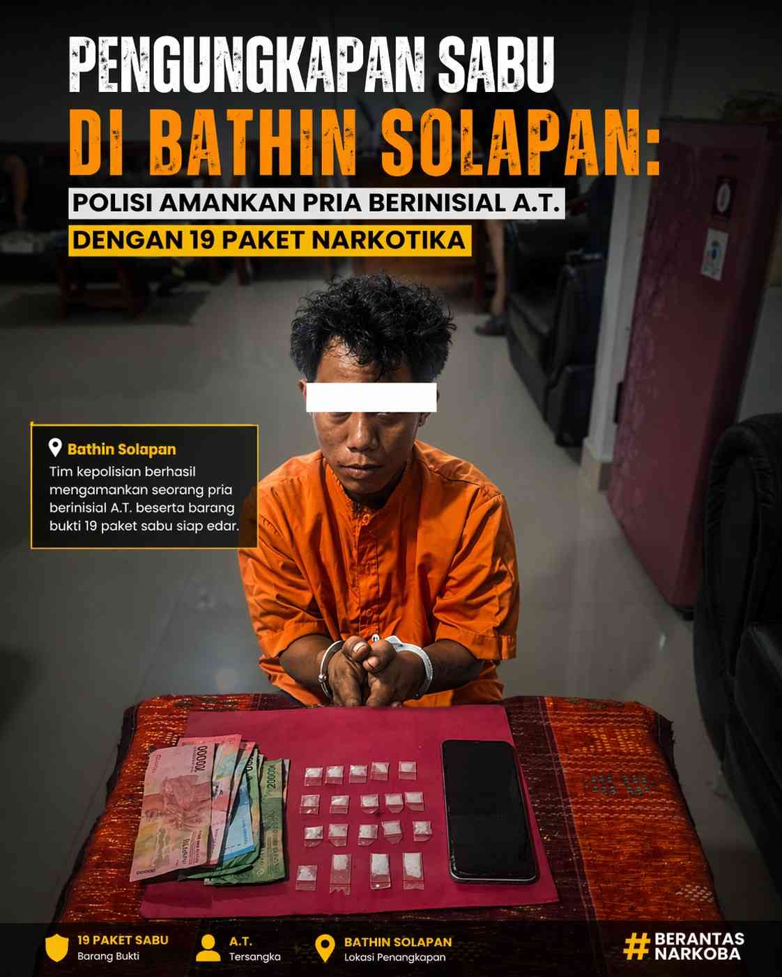Pengungkapan Sabu di Bathin Solapan: Polisi Amankan Pria Berinisial A.T. dengan 19 Paket Narkotika