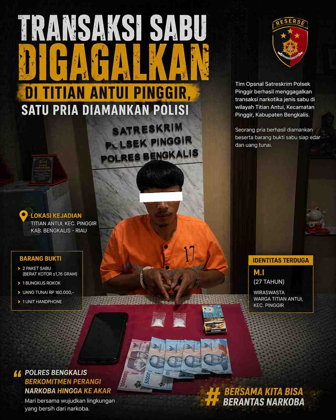 Transaksi Sabu Digagalkan di Titian Antui Pinggir, Satu Pria Diamankan Polisi