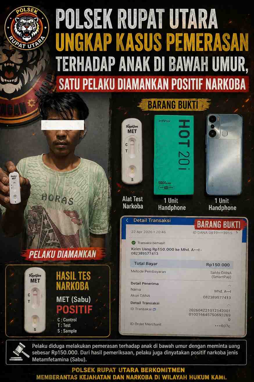 Polsek Rupat Utara Ungkap Kasus Pemerasan terhadap Anak di Bawah Umur, Satu Pelaku Diamankan Positif Narkoba