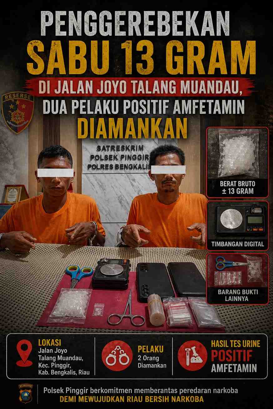 Penggerebekan Sabu 13 Gram di Jalan Joyo Talang Muandau, Dua Pelaku Positif Amfetamin Diamankan