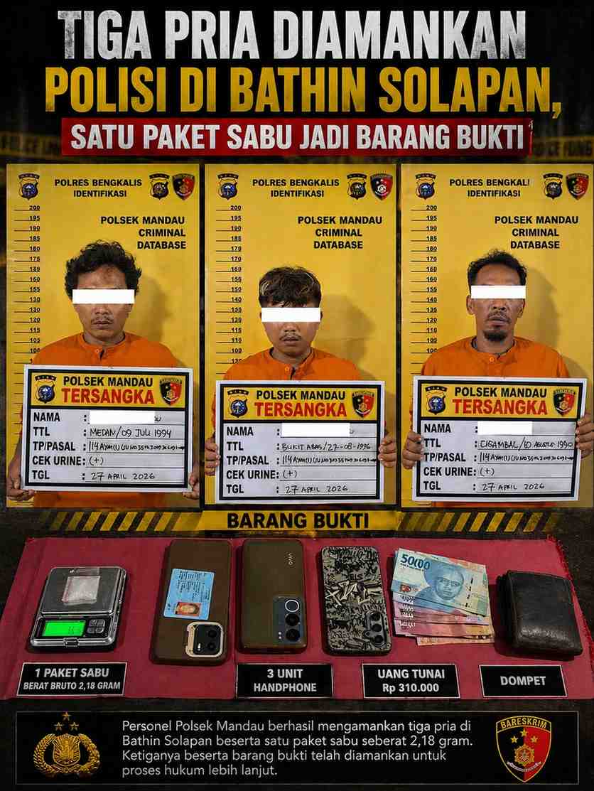 Tiga Pria Diamankan Polisi di Bathin Solapan, Satu Paket Sabu Jadi Barang Bukti