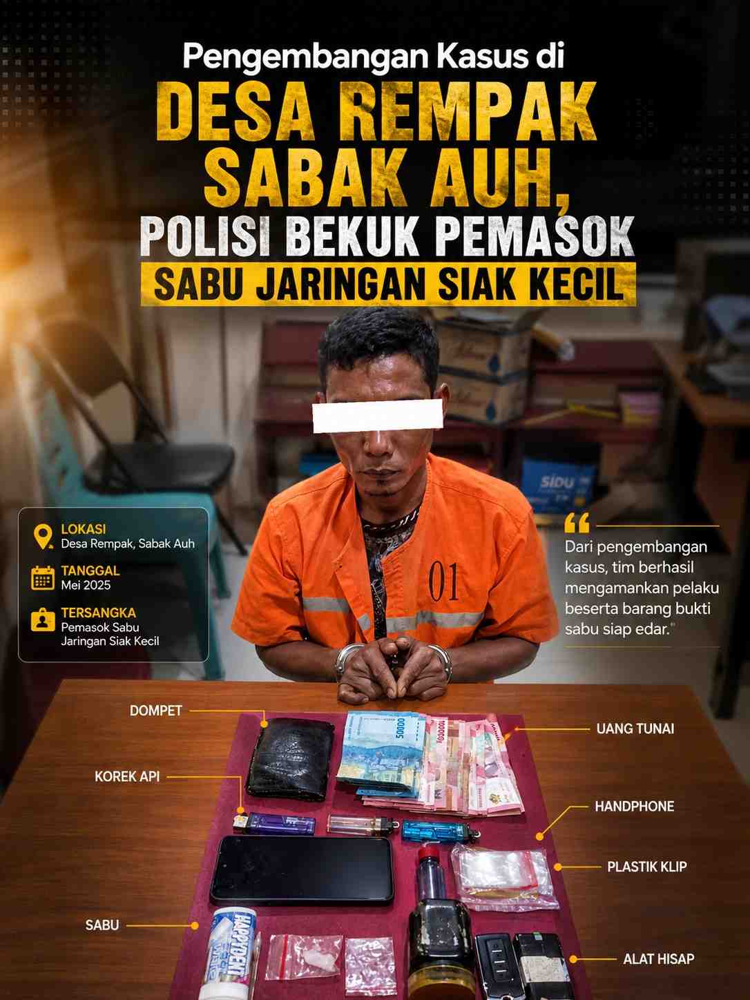 Pengembangan Kasus di Desa Rempak Sabak Auh, Polisi Bekuk Pemasok Sabu Jaringan Siak Kecil