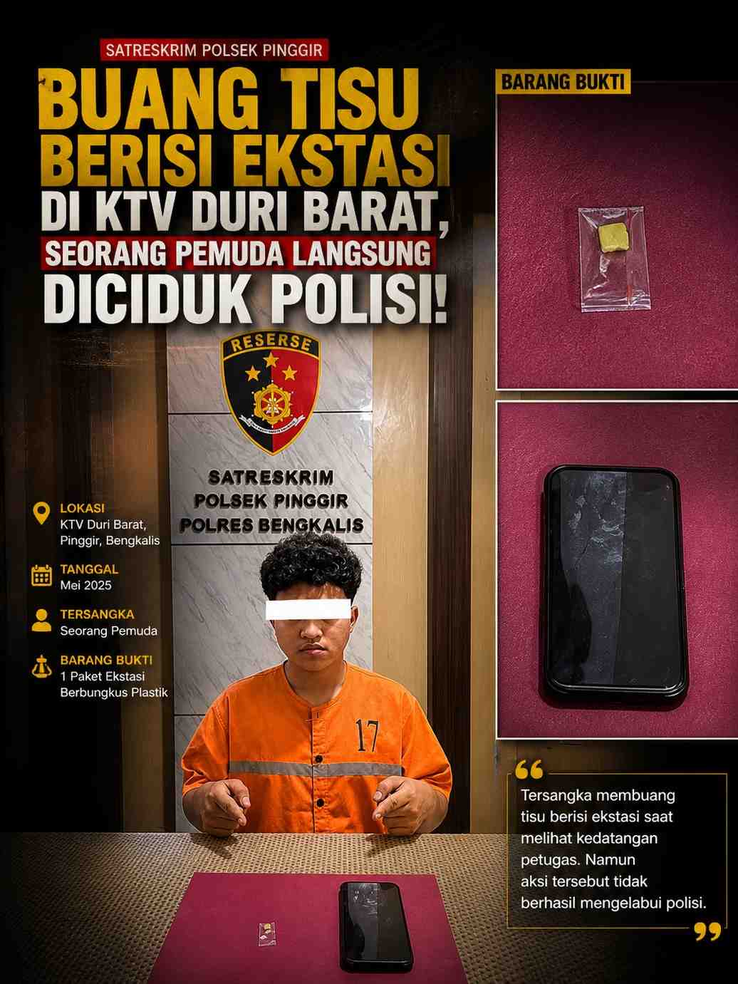 Buang Tisu Berisi Ekstasi di KTV Duri Barat, Seorang Pemuda Langsung Diciduk Polisi