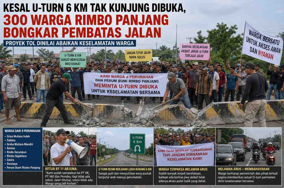 Kesal U-Turn 6 Km Tak Kunjung Dibuka, 300 Warga Rimbo Panjang Bongkar Pembatas Jalan: Proyek Tol Dinilai Abaikan Keselamatan