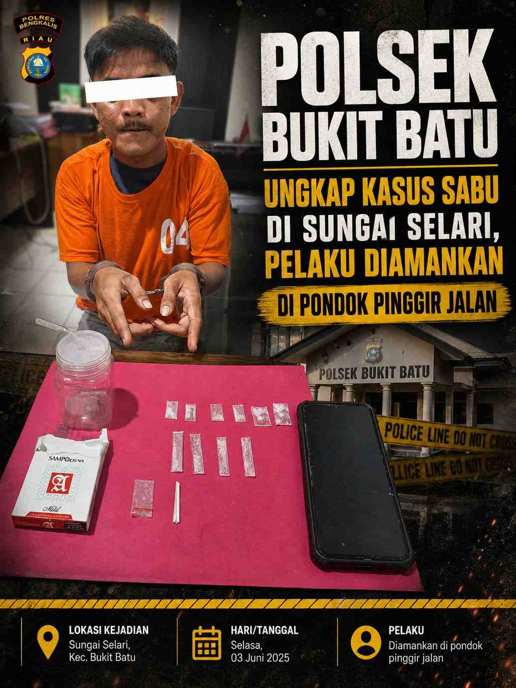 Polsek Bukit Batu Ungkap Kasus Sabu di Sungai Selari, Pelaku Diamankan di Pondok Pinggir Jalan