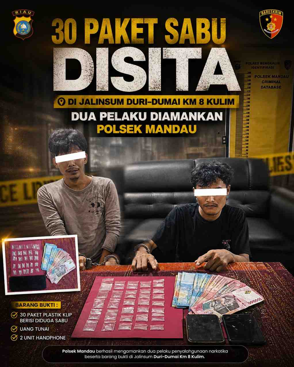 30 Paket Sabu Disita di Jalinsum Duri–Dumai Km 8 Kulim, Dua Pelaku Diamankan Polsek Mandau