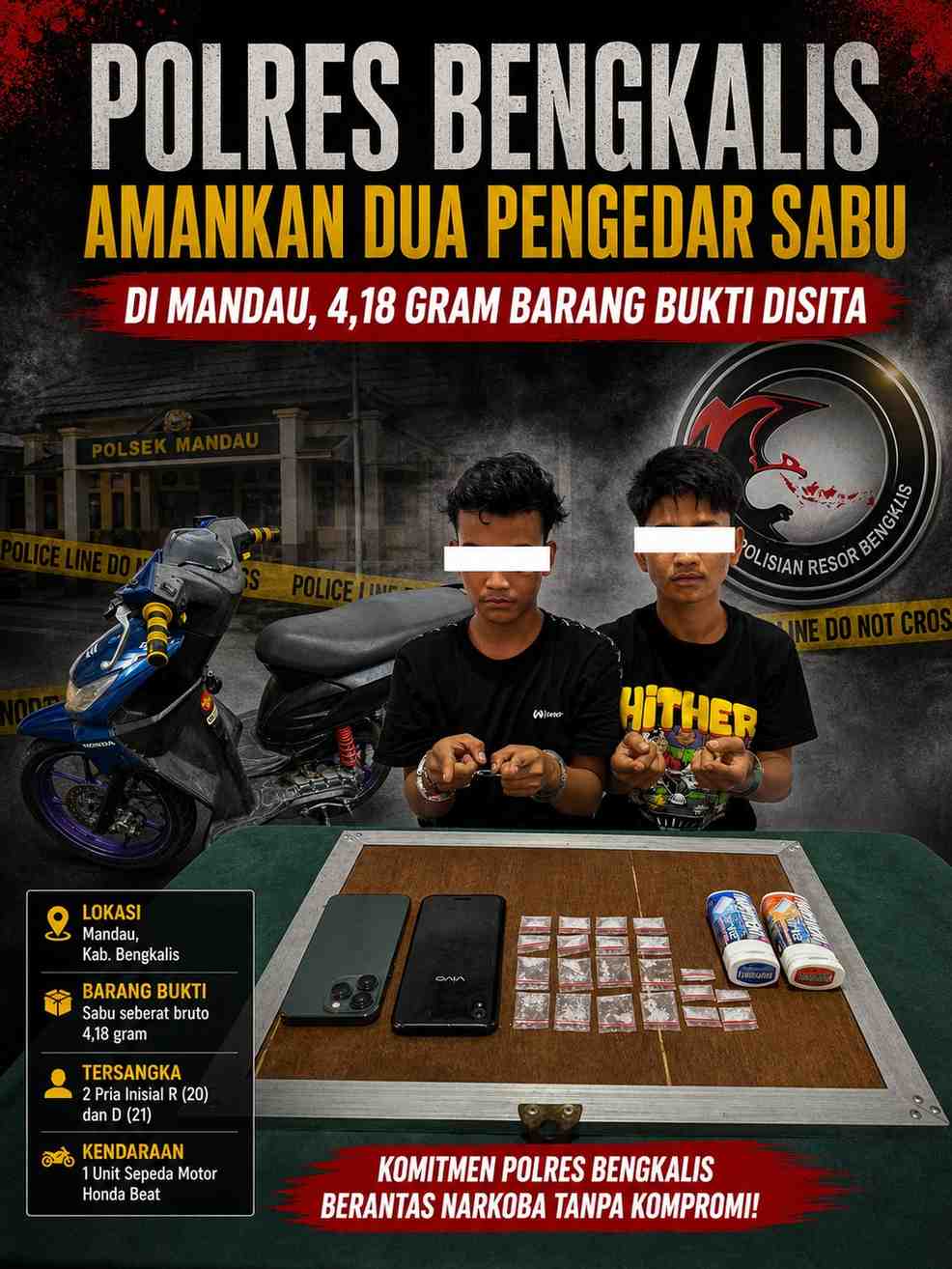 Polres Bengkalis Amankan Dua Pengedar Sabu di Mandau, 4,18 Gram Barang Bukti Disita