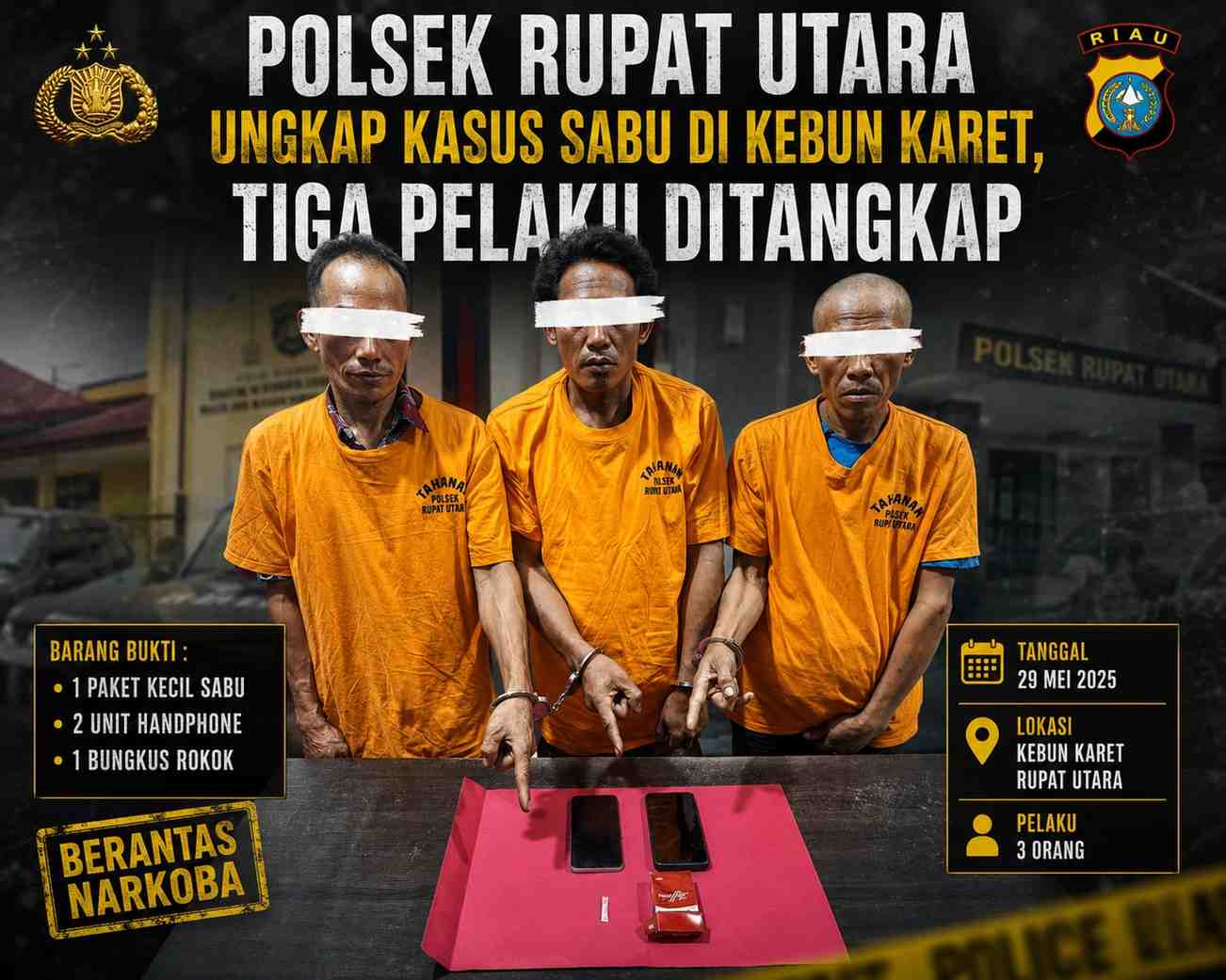 “Polsek Rupat Utara Ungkap Kasus Sabu di Kebun Karet, Tiga Pelaku Ditangkap”