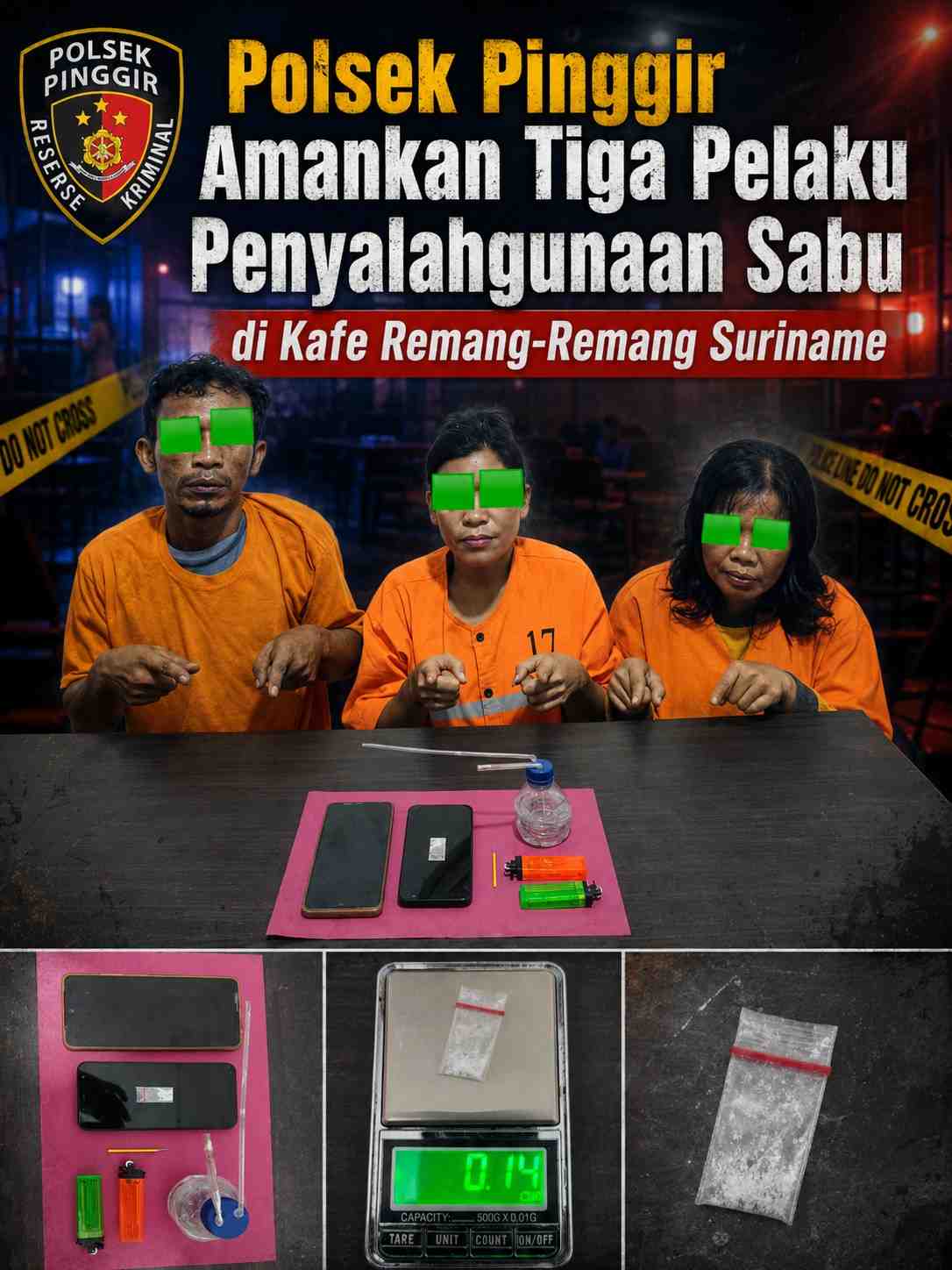 Polsek Pinggir Amankan Tiga Pelaku Penyalahgunaan Sabu di Kafe Remang-Remang Suriname