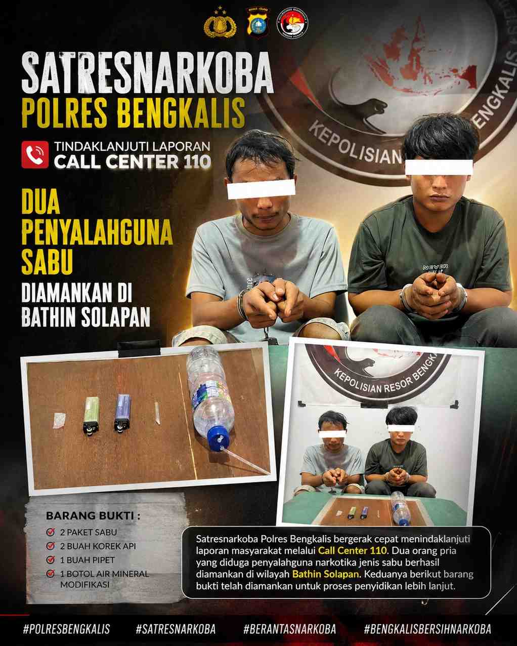 Satresnarkoba Polres Bengkalis Tindaklanjuti Laporan Call Center 110, Dua Penyalahguna Sabu Diamankan di Bathin Solapan