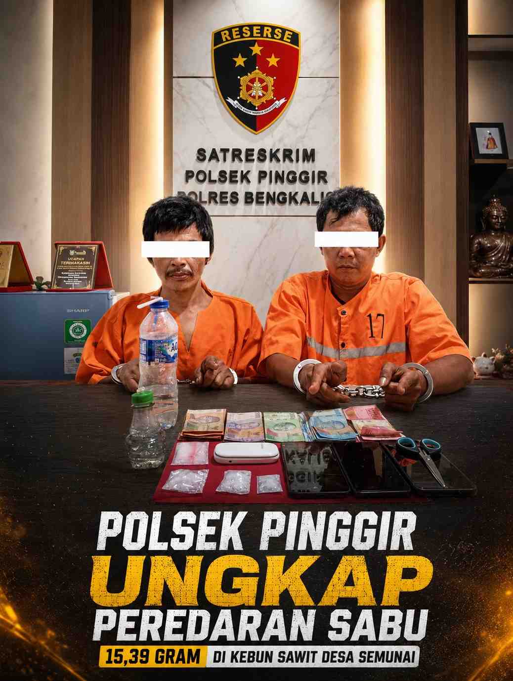 Polsek Pinggir Ungkap Peredaran Sabu 15,39 Gram di Kebun Sawit Desa Semunai