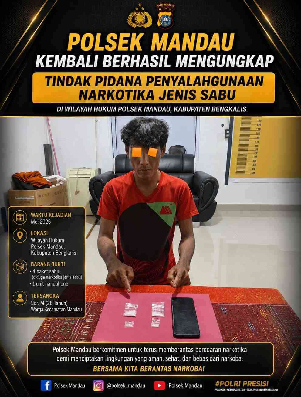 Polsek Mandau kembali berhasil mengungkap tindak pidana penyalahgunaan narkotika jenis sabu di wilayah hukum Polsek Mandau, Kabupaten Bengkalis.