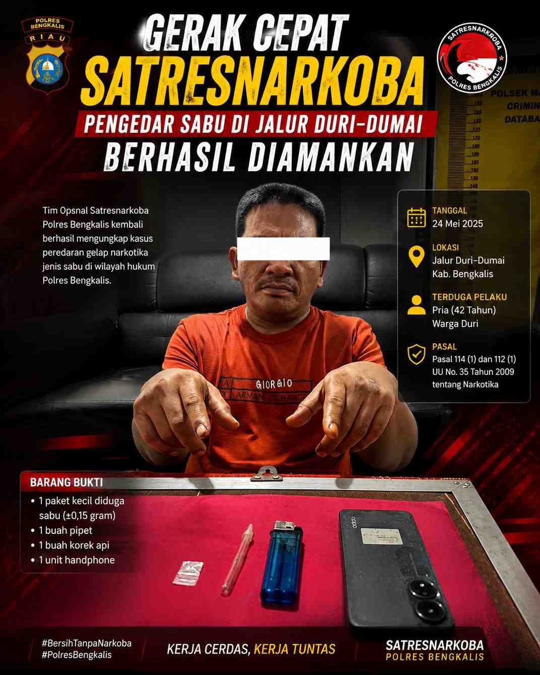 Gerak Cepat Satresnarkoba, Pengedar Sabu di Jalur Duri–Dumai Berhasil Diamankan