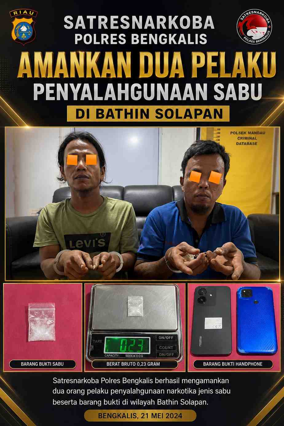 Satresnarkoba Polres Bengkalis Amankan Dua Pelaku Penyalahgunaan Sabu di Bathin Solapan