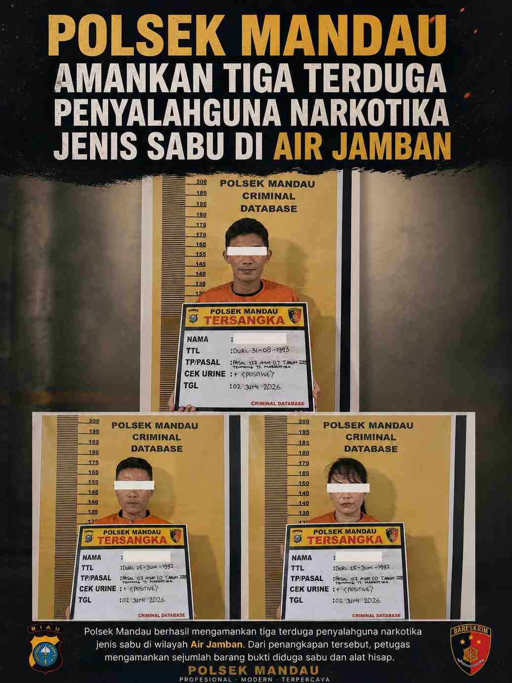 Polsek Mandau Amankan Tiga Terduga Penyalahguna Narkotika Jenis Sabu di Air Jamban