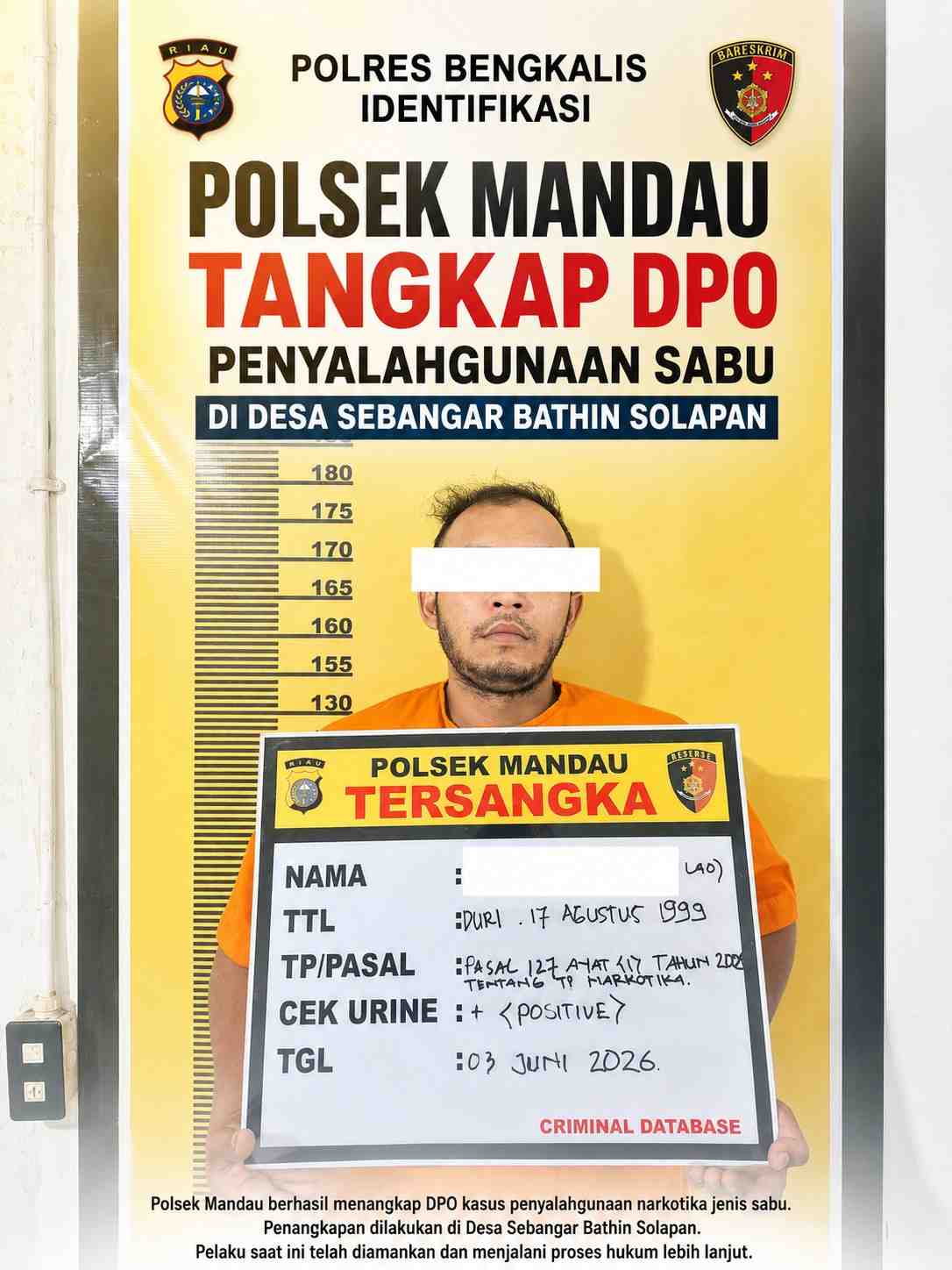 Polsek Mandau Tangkap DPO Penyalahgunaan Sabu di Desa Sebangar Bathin Solapan