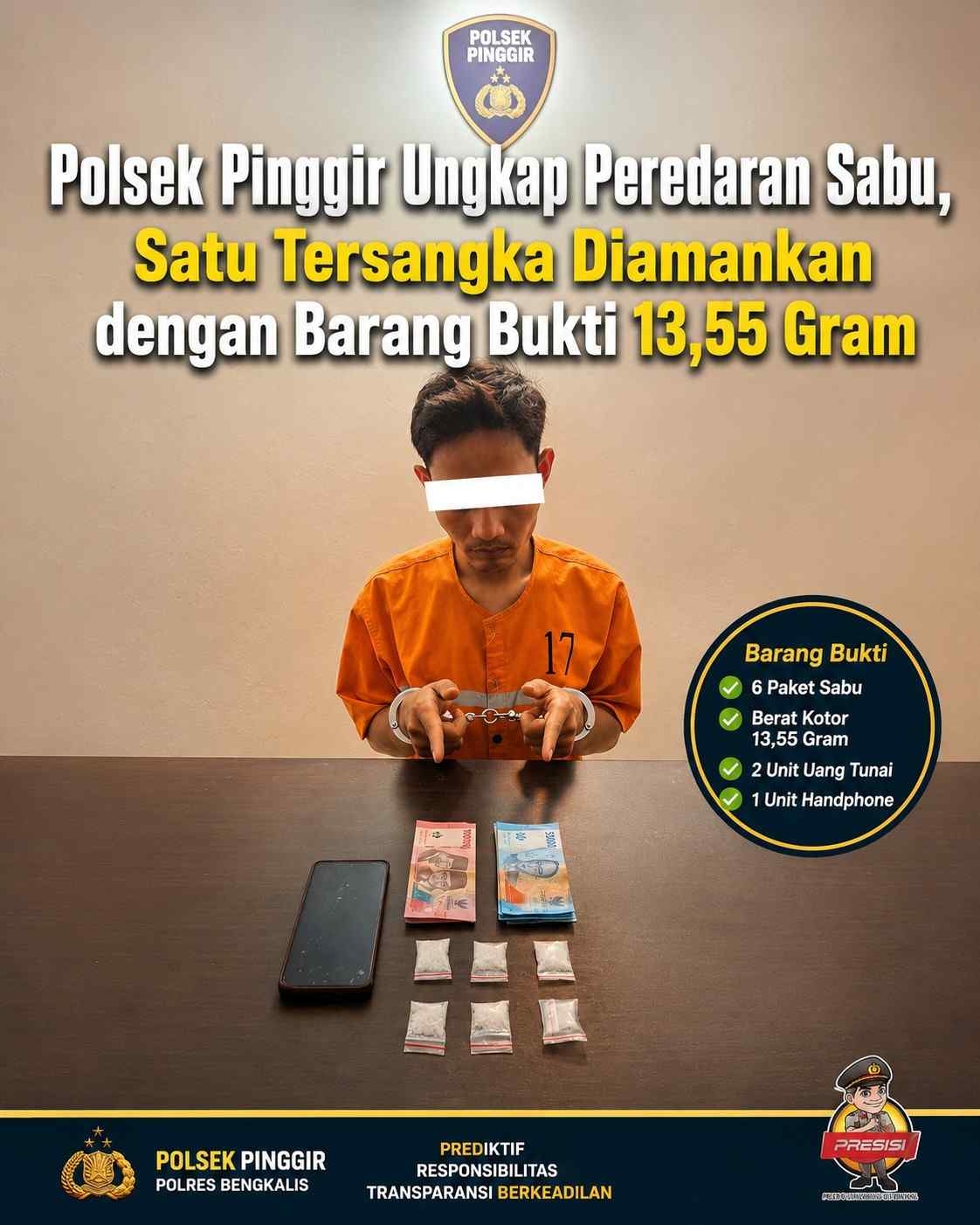 Polsek Pinggir Ungkap Peredaran Sabu, Satu Tersangka Diamankan dengan Barang Bukti 13,55 Gram