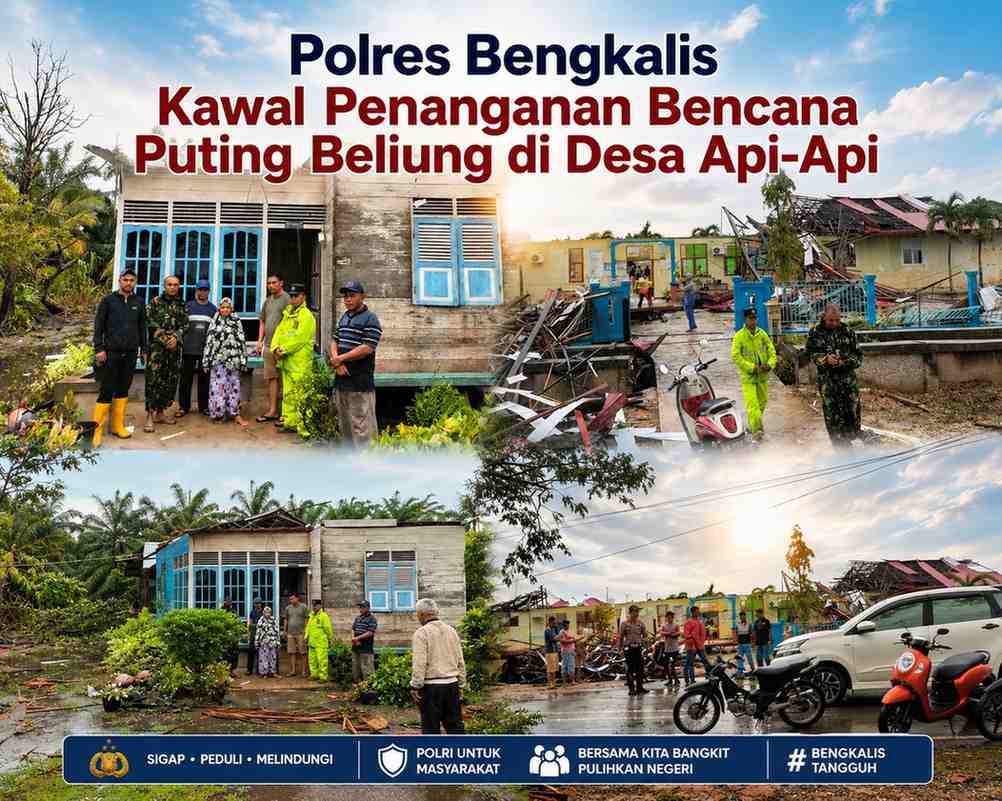 Polres Bengkalis Kawal Penanganan Bencana Puting Beliung di Desa Api-Api