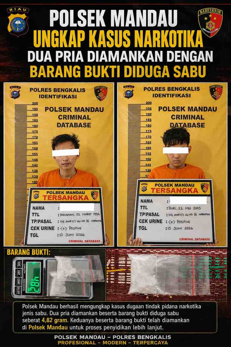 Polsek Mandau Ungkap Kasus Narkotika, Dua Pria Diamankan dengan Barang Bukti Diduga Sabu