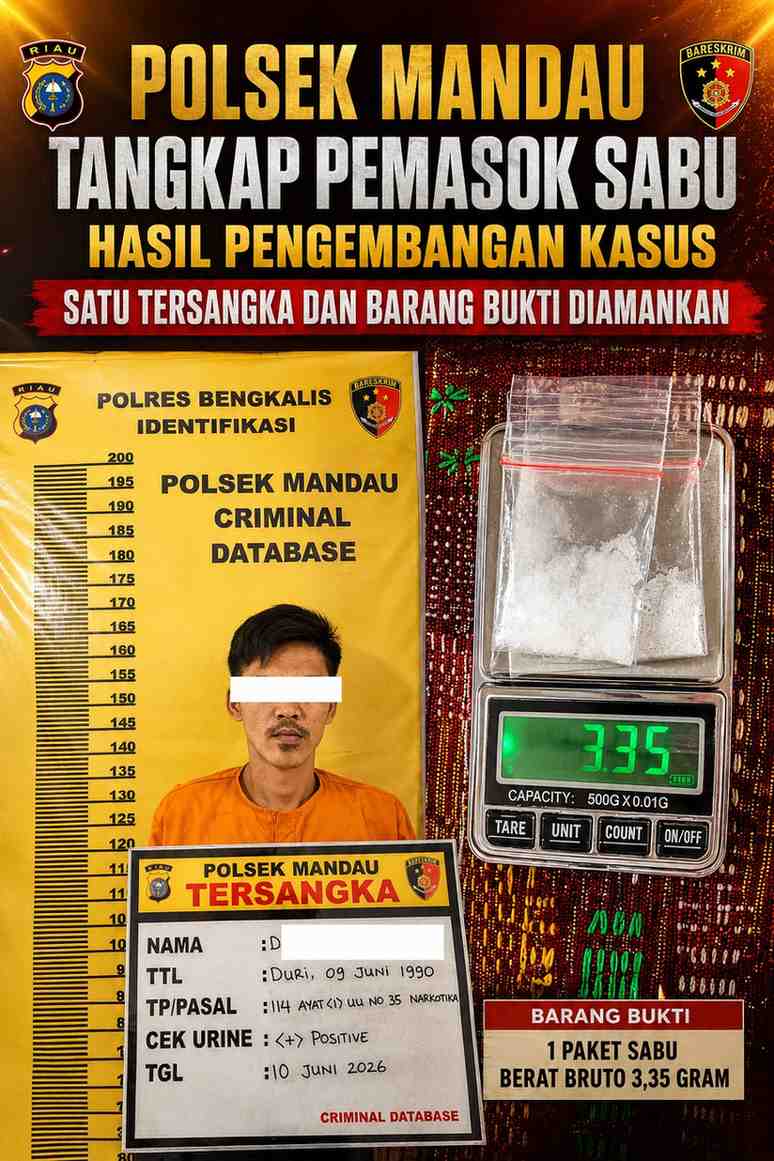 Polsek Mandau Tangkap Pemasok Sabu Hasil Pengembangan Kasus, Satu Tersangka dan Barang Bukti Diamankan