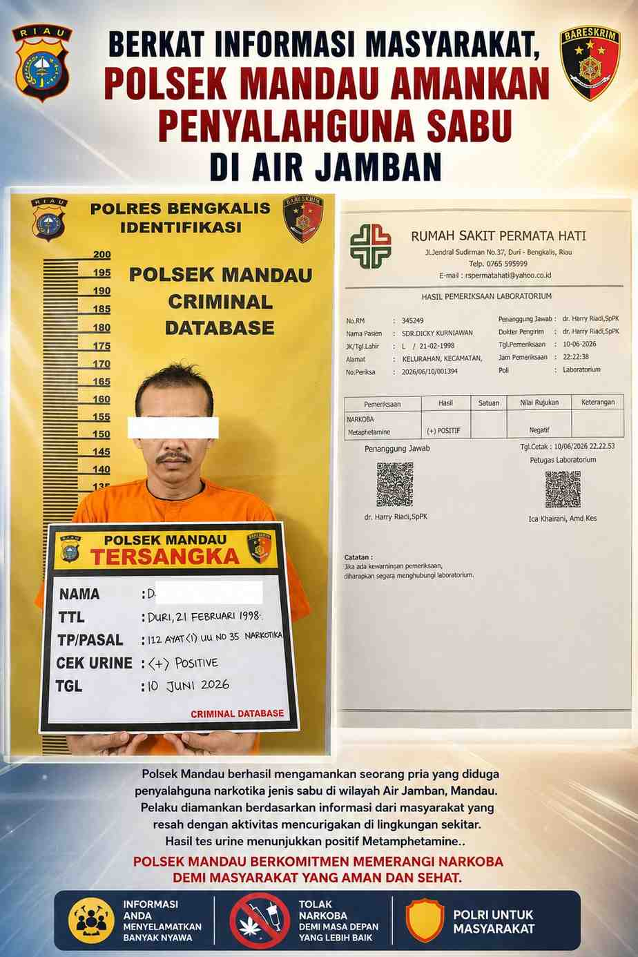 Berkat Informasi Masyarakat, Polsek Mandau Amankan Penyalahguna Sabu di Air Jamban