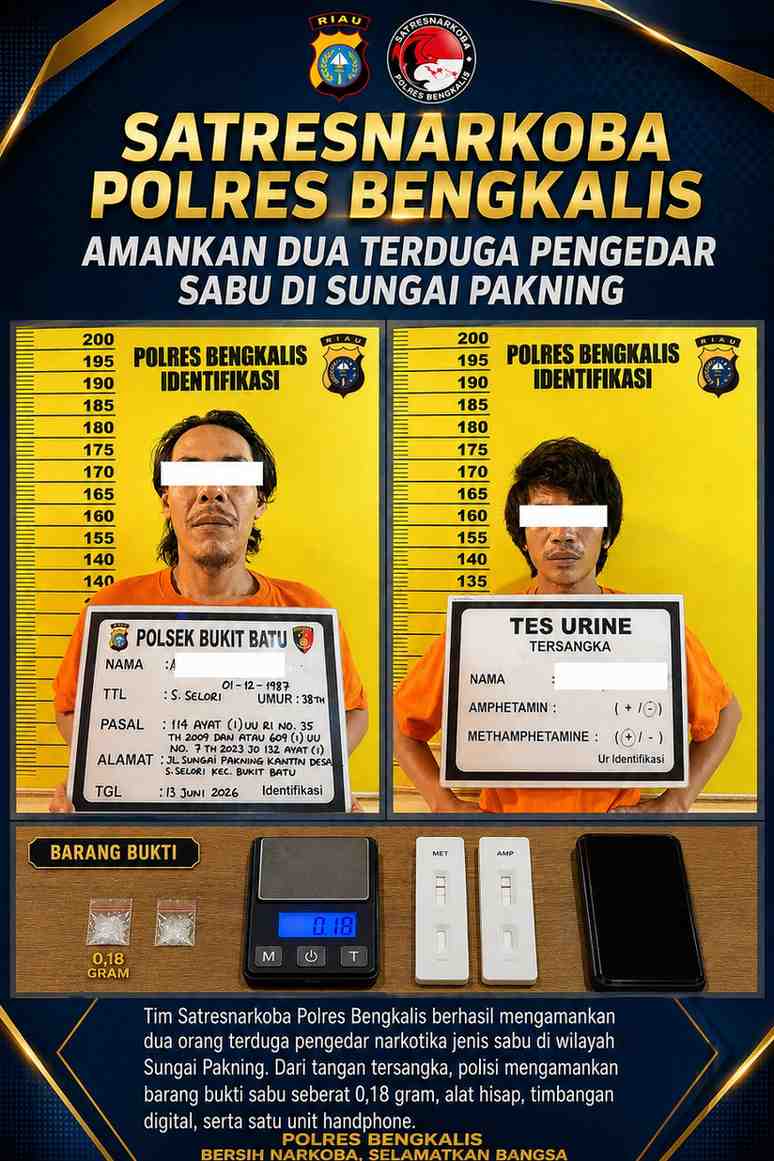 Satresnarkoba Polres Bengkalis Amankan Dua Terduga Pengedar Sabu di Sungai Pakning