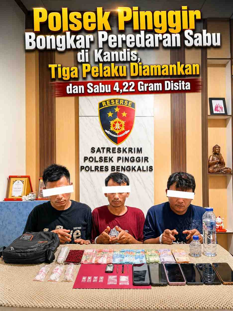 Polsek Pinggir Bongkar Peredaran Sabu di Kandis, Tiga Pelaku Diamankan dan Sabu 4,22 Gram Disita