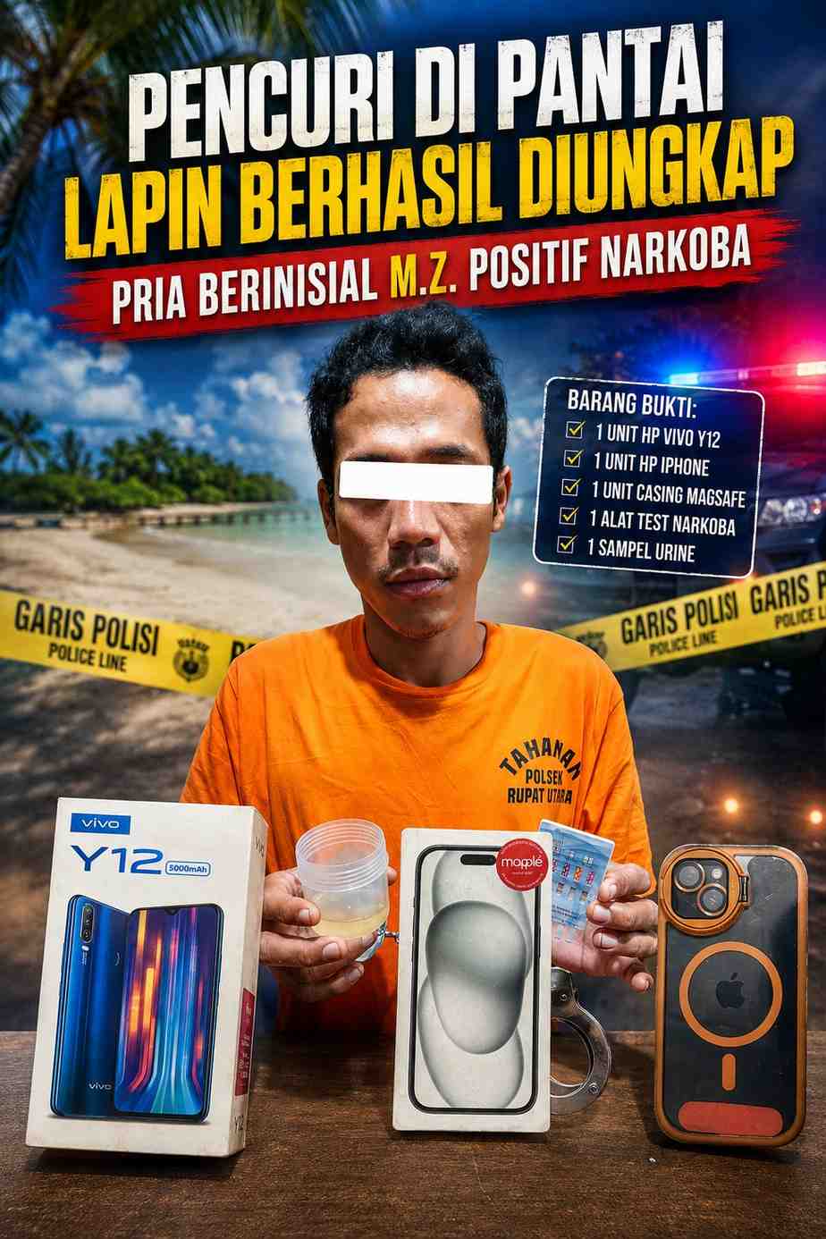 Pencuri di Pantai Lapin Berhasil Diungkap, Pria Berinisial M.Z. Positif Narkoba