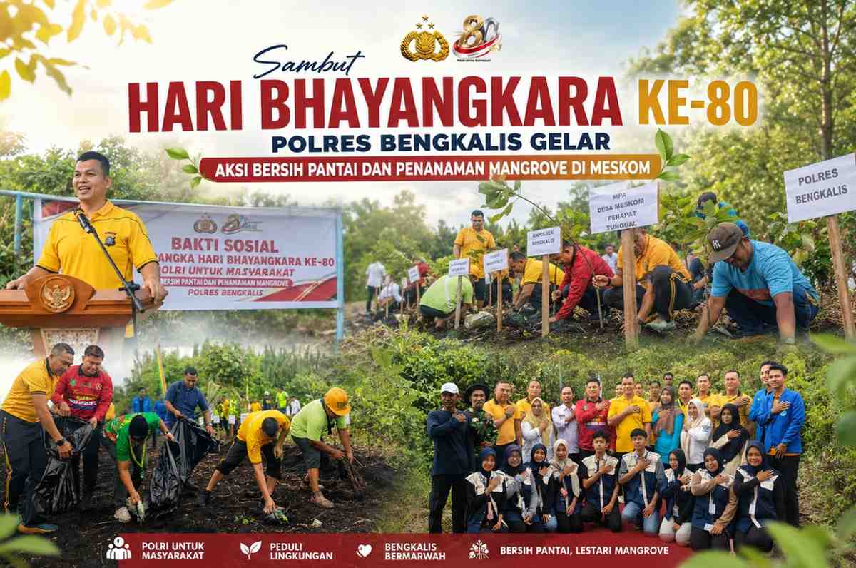 Sambut Hari Bhayangkara ke-80, Polres Bengkalis Gelar Aksi Bersih Pantai dan Penanaman Mangrove di Meskom