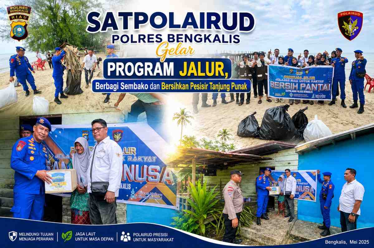 Satpolairud Polres Bengkalis Gelar Program JALUR, Berbagi Sembako dan Bersihkan Pesisir Tanjung Punak