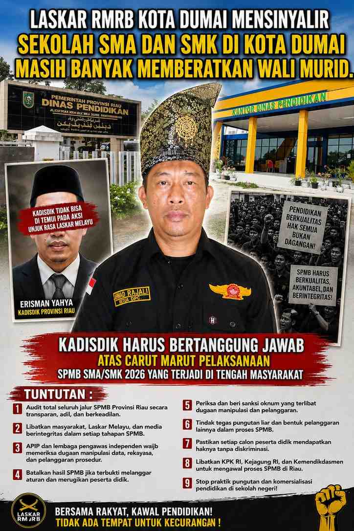 Laskar RMRB Kota Dumai Mensinyalir Sekolah SMA dan SMK di Kota Dumai Masih Banyak Memberatkan Wali Murid.