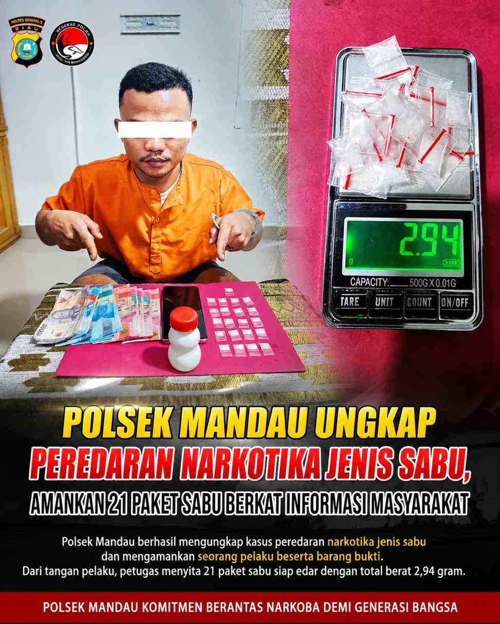Polsek Mandau Ungkap Peredaran Narkotika Jenis Sabu, Amankan 21 Paket Sabu Berkat Informasi Masyarakat