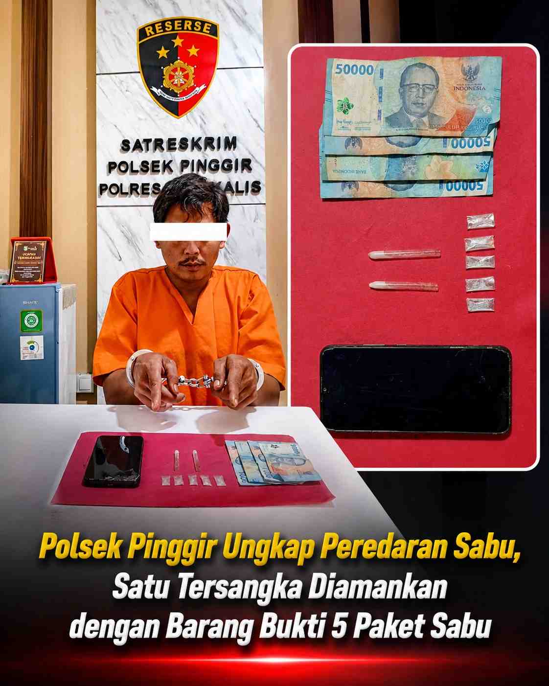 Polsek Pinggir Ungkap Peredaran Sabu, Satu Tersangka Diamankan dengan Barang Bukti 5 Paket Sabu