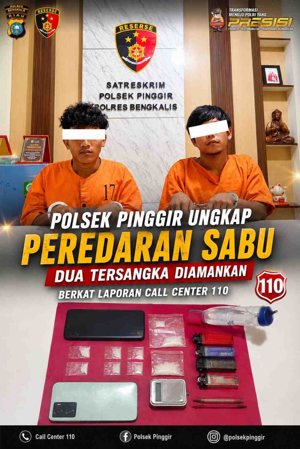 Polsek Pinggir Ungkap Peredaran Sabu, Dua Tersangka Diamankan Berkat Laporan Call Center 110