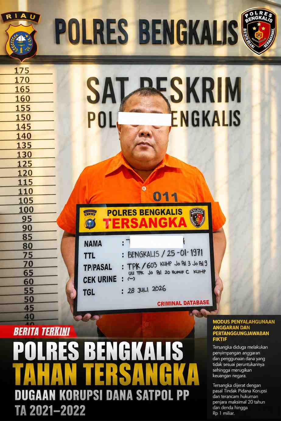 Polres Bengkalis Tahan Tersangka Dugaan Korupsi Dana Satpol PP TA 2021–2022