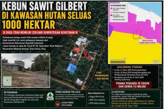 Di Duga Kebal Hukum : Kebun Sawit 1000 Hektare di Kawasan Hutan Tanpa Izin Milik Gilbert di Dumai Jadi Sorotan.