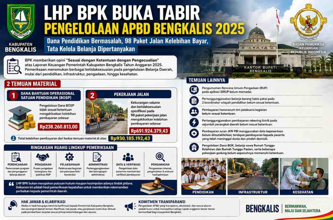LHP BPK Ungkap Sejumlah Catatan Pengelolaan APBD Bengkalis 2025, Mulai Dana Pendidikan hingga Pekerjaan Jalan
