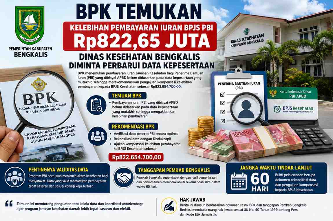 BPK Temukan Kelebihan Pembayaran Iuran BPJS PBI Rp.822,65 Juta, Dinas Kesehatan Bengkalis Diminta Perbarui Data Kepesertaan