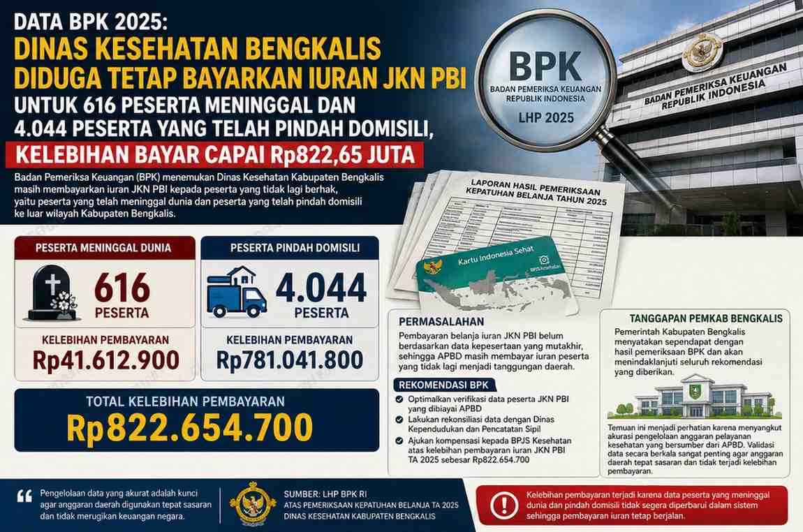 Data BPK 2025: Dinas Kesehatan Bengkalis Diduga Tetap Bayarkan Iuran JKN PBI untuk 616 Peserta Meninggal dan 4.044 Peserta yang Telah Pindah Domisili, Kelebihan Bayar Capai Rp822,65 Juta