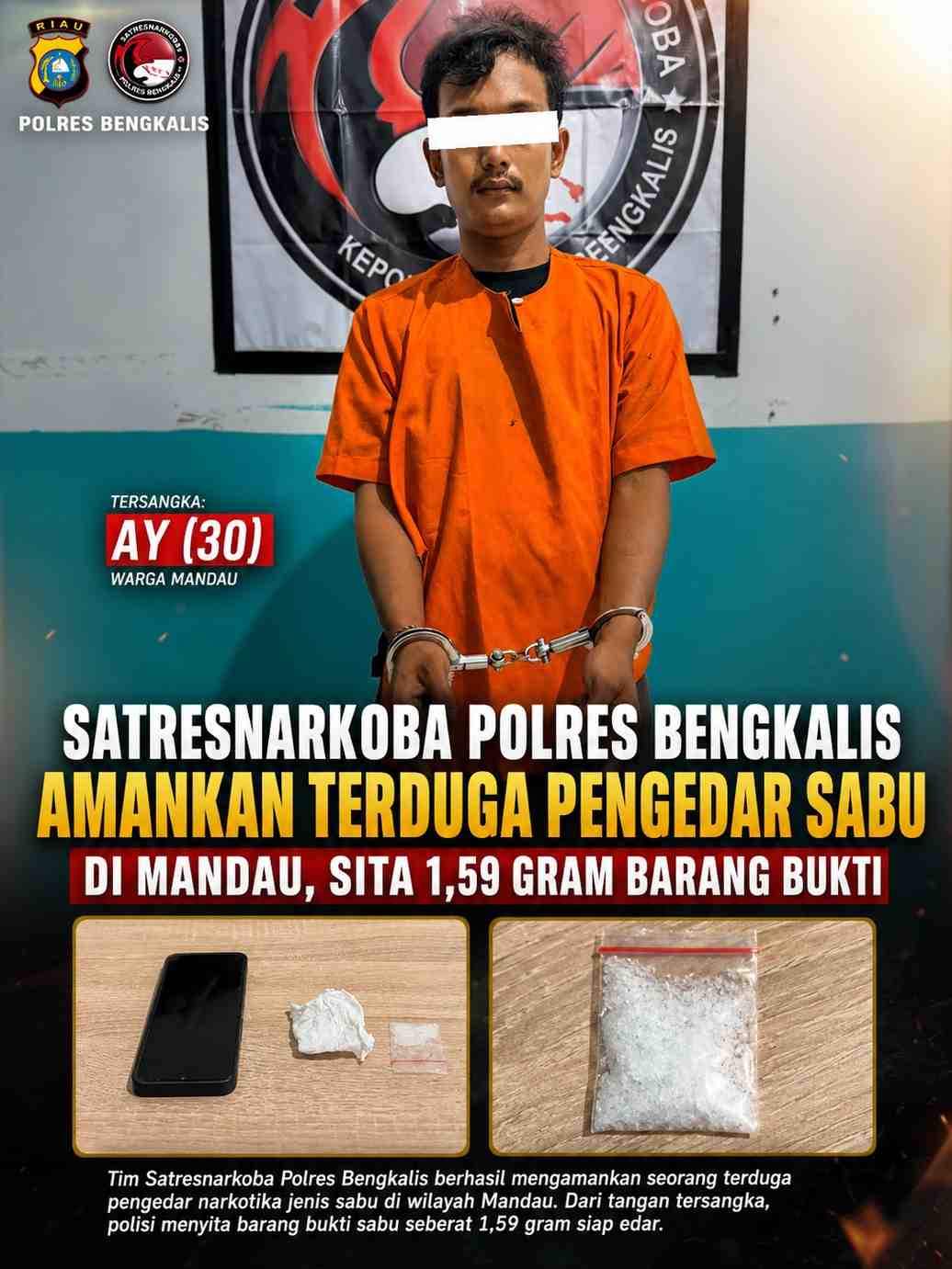 Satresnarkoba Polres Bengkalis Amankan Terduga Pengedar Sabu di Mandau, Sita 1,59 Gram Barang Bukti