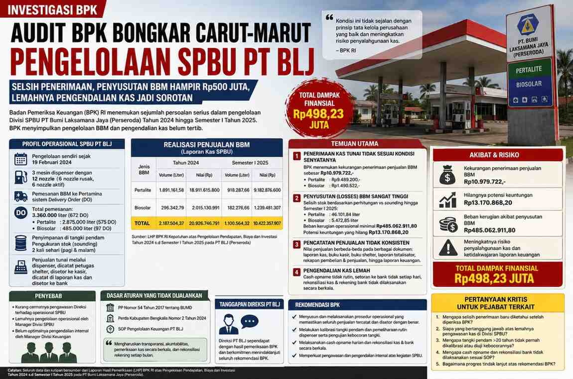 Audit BPK Bongkar Carut-Marut Pengelolaan SPBU PT BLJ, Selisih Penerimaan, Penyusutan BBM hingga Lemahnya Pengendalian Kas Jadi Sorotan
