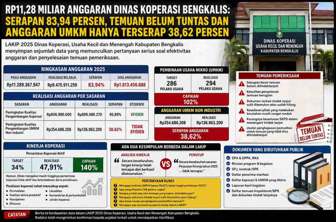 LAKIP 2025 Dinas Koperasi Bengkalis: Serapan Anggaran 83,94 Persen, Temuan Belum Tuntas dan UMKM Hanya 38,62 Persen