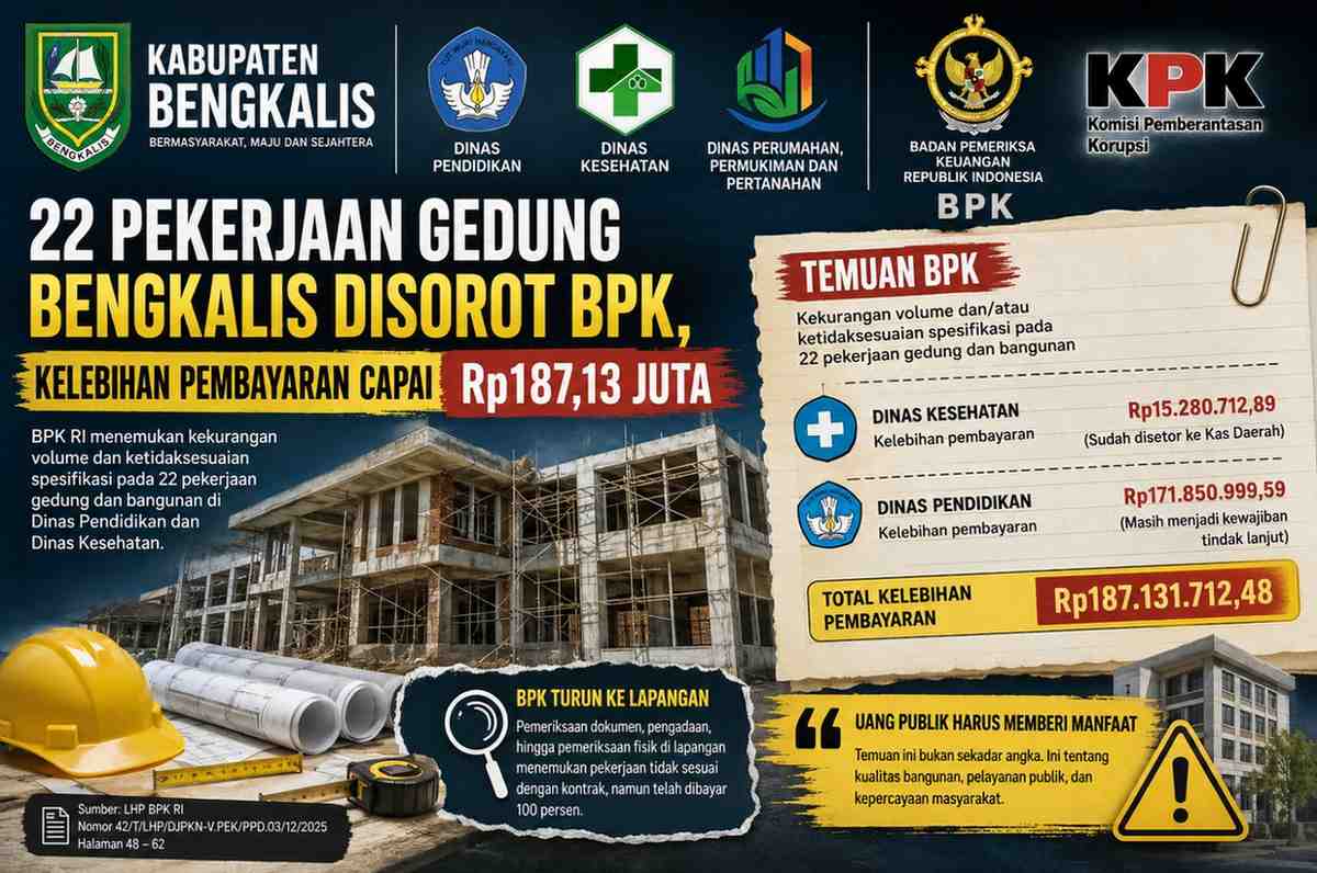 22 Pekerjaan Gedung Bengkalis Disorot BPK, Kelebihan Pembayaran Capai Rp187,13 Juta