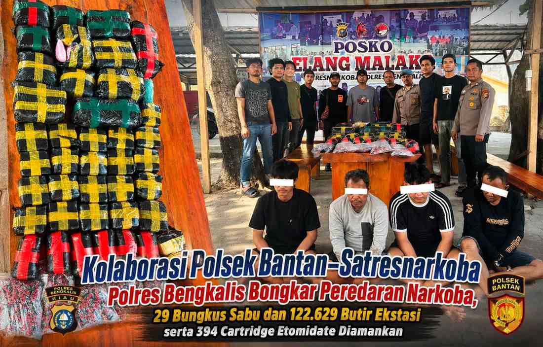 Kolaborasi Polsek Bantan–Satresnarkoba Polres Bengkalis Bongkar Peredaran Narkoba, 29 Bungkus Sabu dan 122.629 Butir Ekstasi serta 394 Cartridge Etomidate Diamankan