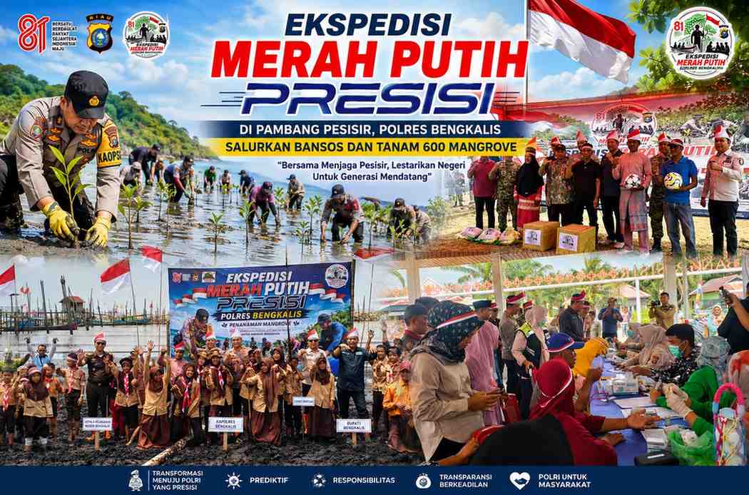 Ekspedisi Merah Putih Presisi di Pambang Pesisir, Polres Bengkalis Salurkan Bansos dan Tanam 600 Mangrove