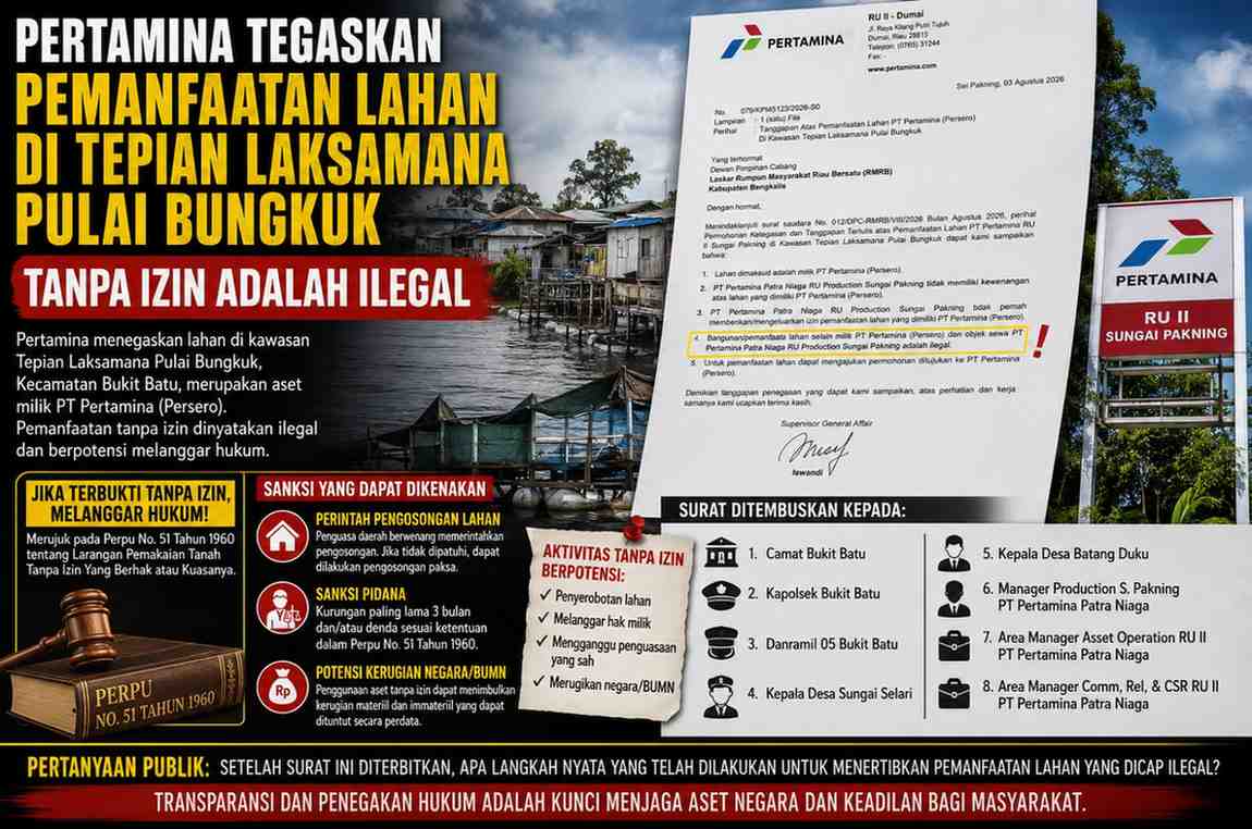 Pertamina Tegaskan Pemanfaatan Lahan di Tepian Laksamana Pulai Bungkuk Tanpa Izin adalah Ilegal