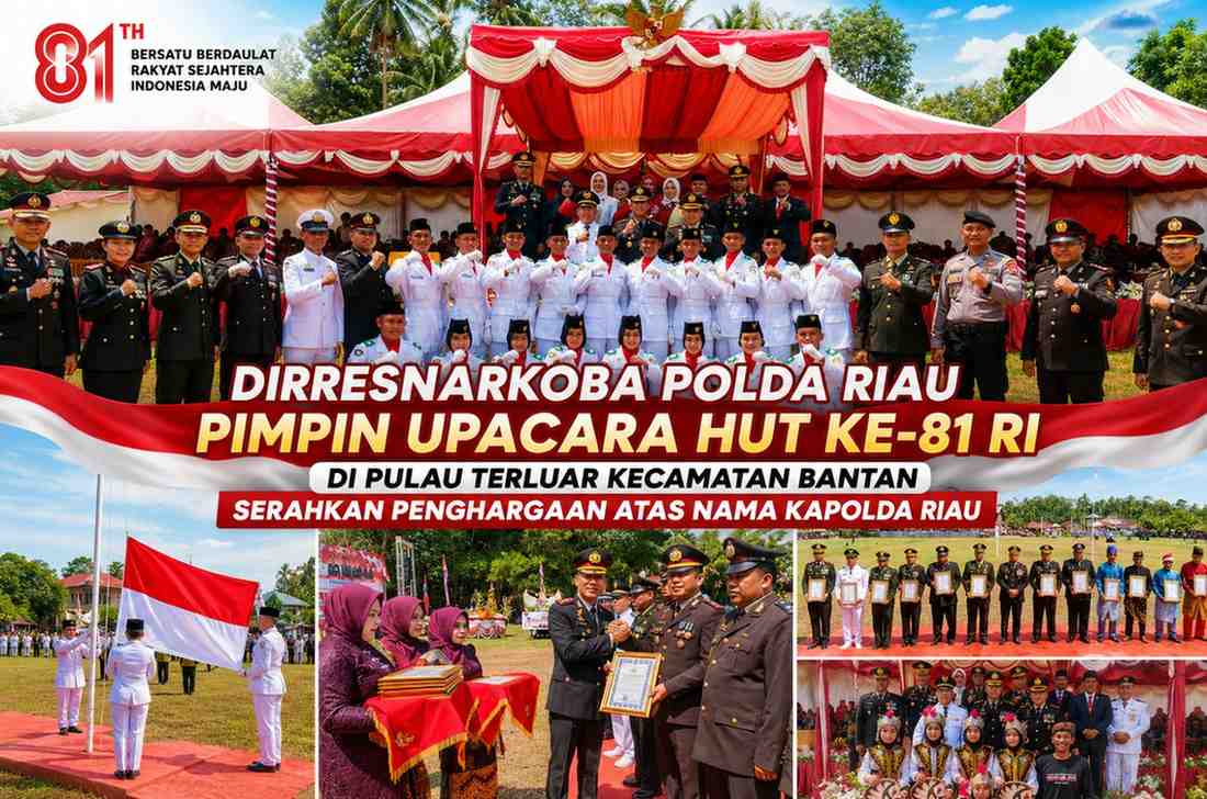 Dirresnarkoba Polda Riau Pimpin Upacara HUT ke-81 RI di Pulau Terluar Kecamatan Bantan, Serahkan Penghargaan Atas Nama Kapolda Riau
