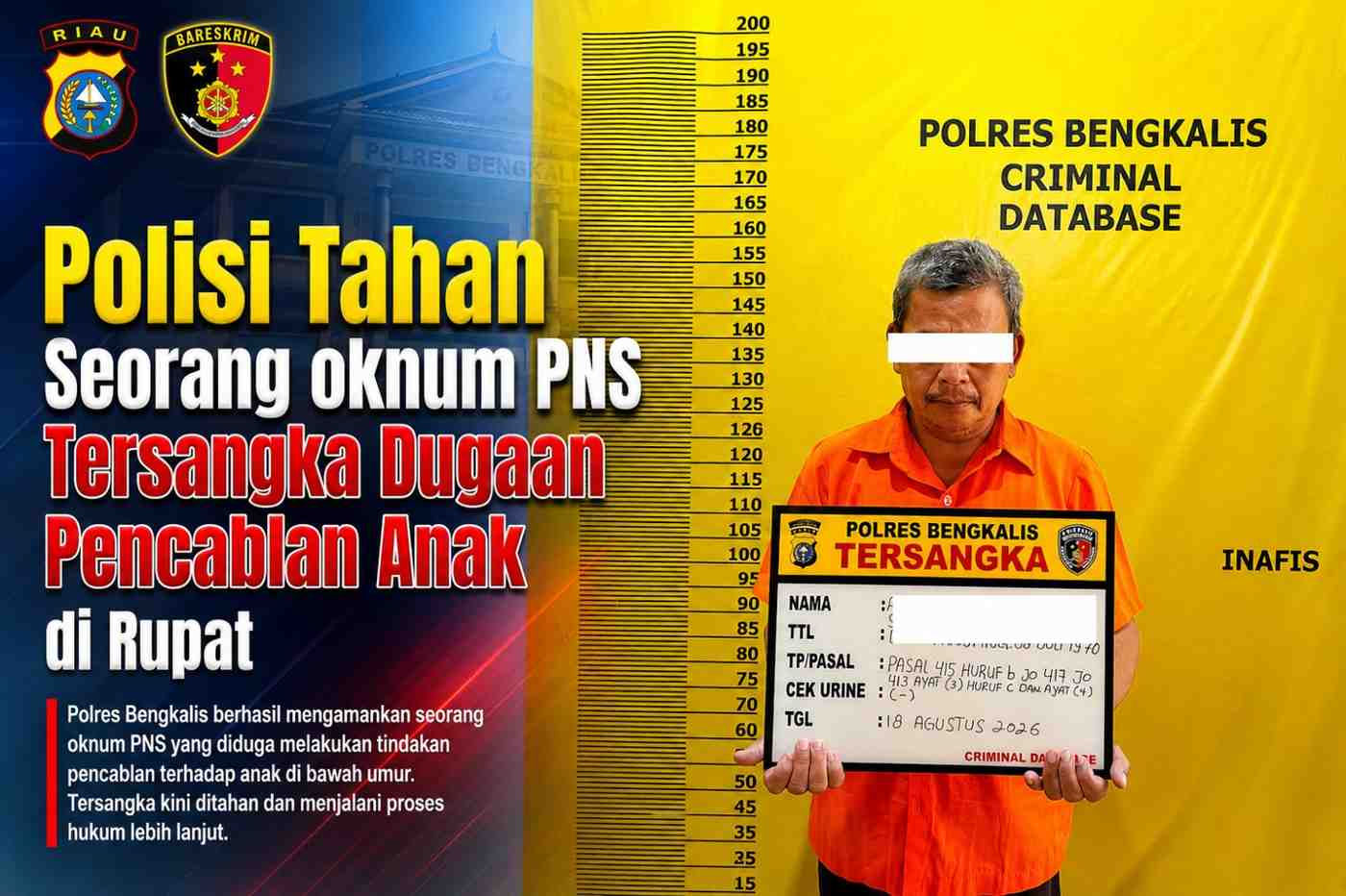 Polisi Tahan Seorang oknum PNS  Tersangka Dugaan Pencabulan Anak di Rupat